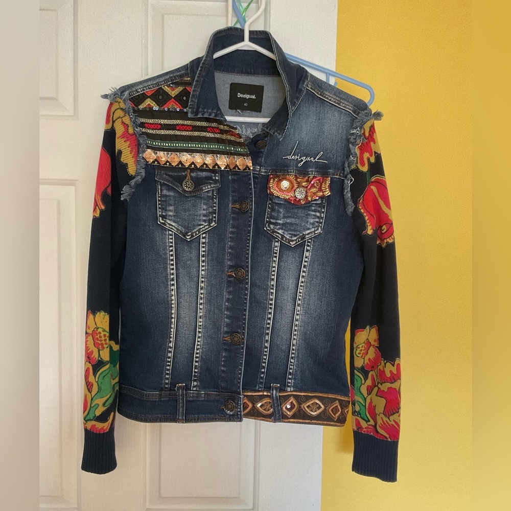 Desigual Dark Blue Denim Jacket with Multicolor Embroidered Sleeves